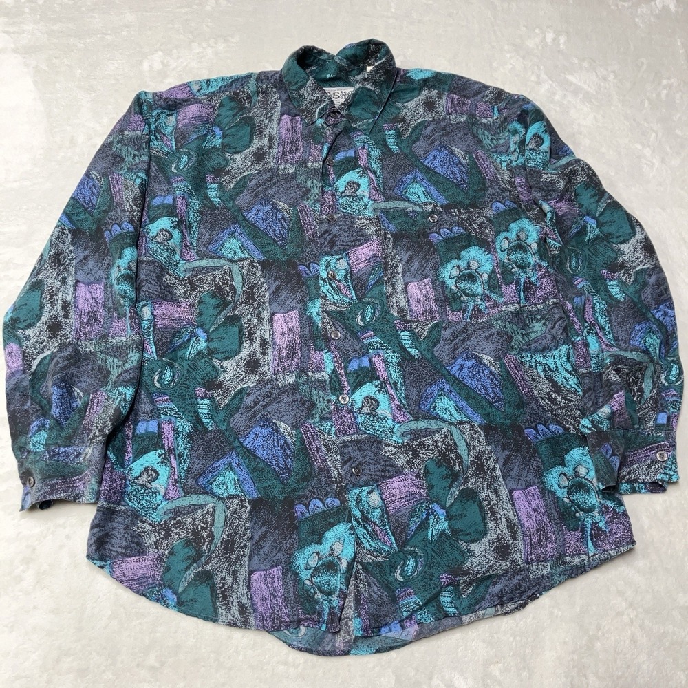 Vintage 80s 90s 100% Silk Discotheque Abstract Paisley Long Sleeve Shirt Mens M‎
